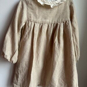Beige Long Sleeve Dress with White Collar